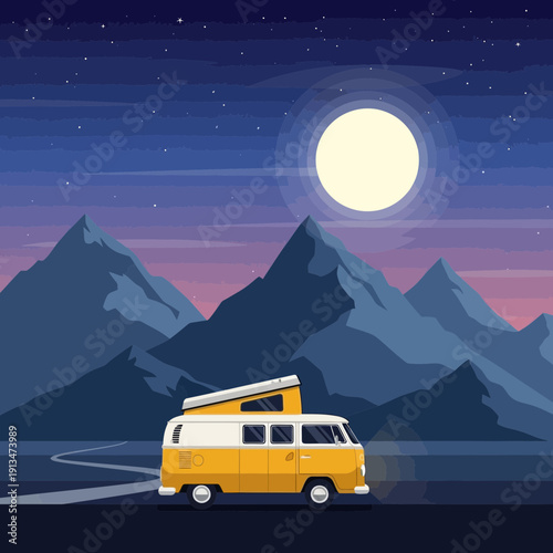 Pixel art camper van driving through mountains at night under full moon