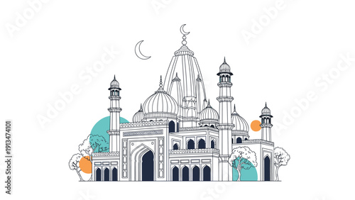 Exquisite architectural line drawing of a majestic mosque with domes and minarets, accented with colorful circular shapes for depth and art.