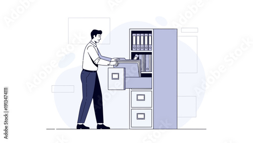Man Organizing Files in Filing Cabinet, Business Document Management Concept