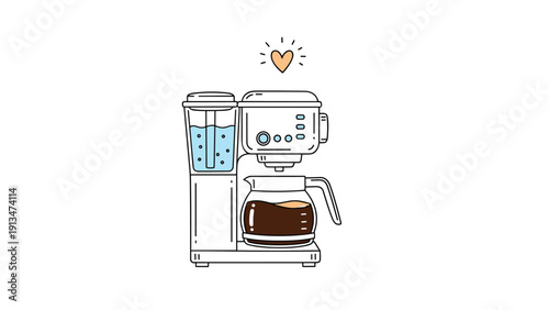 Sleek and modern coffee maker brewing fresh coffee into a glass carafe, featuring a water tank and a small heart icon for coffee lovers.