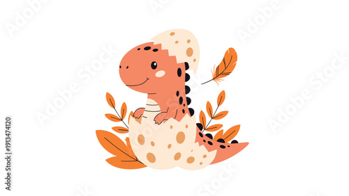 Adorable orange baby dinosaur newly hatched from its egg, surrounded by autumn leaves and a feather, creating a warm prehistoric scene.