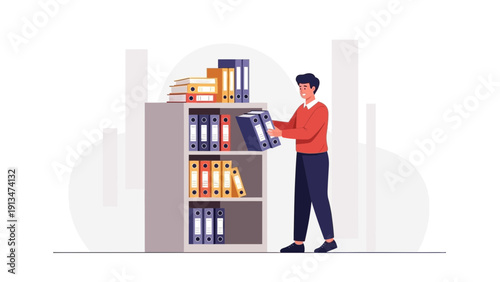 Man Organizing Files in Shelf with Binders and Folders