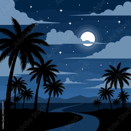 Pixel art night beach with palm trees and full moon