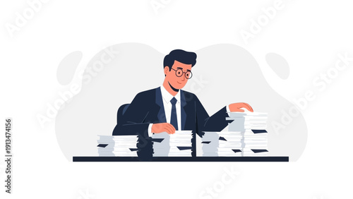 Businessman working with stacks of documents at desk, office overload concept