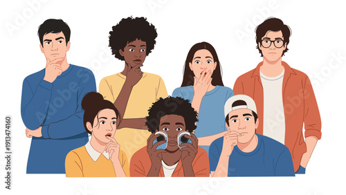 Portrait of a diverse group of young men and women with various ethnicities and expressions, representing community, teamwork, and society.