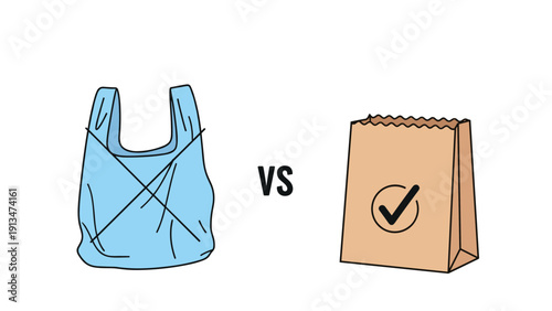 Comparison between a blue plastic bag and a brown paper bag with a checkmark, highlighting eco-friendly alternatives for shopping bags.