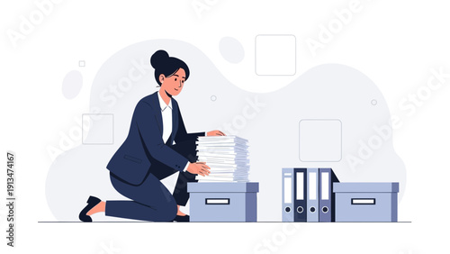 Overwhelmed Woman Sorting Paperwork in Office