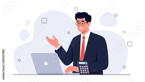 Businessman working on laptop with calculator, graphic design illustration