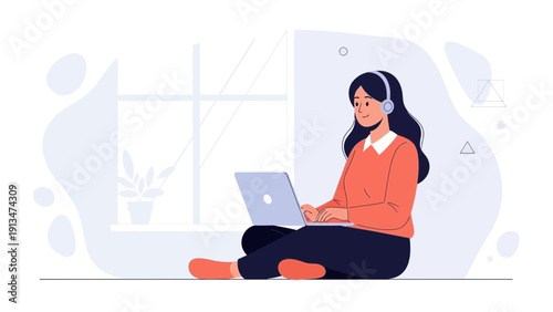 Young Woman Working on Laptop with Headphones, Studying or Relaxing Indoors