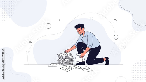 Man Sorting Paperwork Stack, Organization and Workflow Concept
