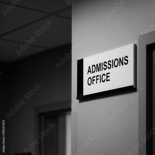 Admissions Office Signage in a Modern Interior, Black and White Aesthetic Photography