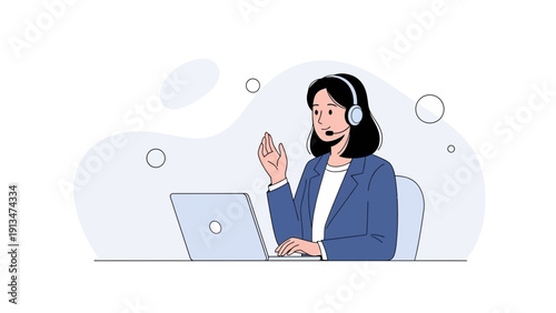 Customer service agent with headset and laptop, working in call center - illustration