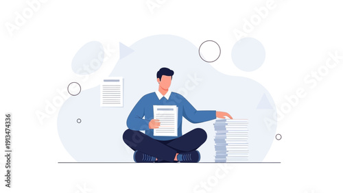 Man Sitting Cross-legged With Stack of Papers, Document Management, Organization