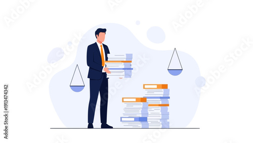 Businessman Holding Stack of Documents, Scales of Justice, Business Law Concept