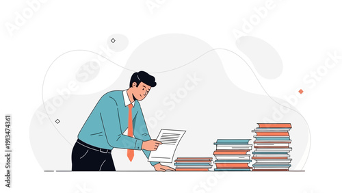 Man reviewing documents and stacks of books, business concept illustration