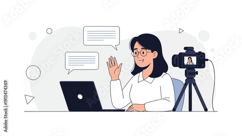 Woman streaming online video with camera and laptop, talking to audience