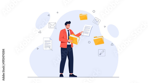 Man organizing digital files and documents, business workflow illustration
