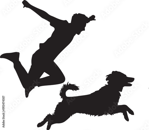 A silhouette of a person jumping and a dog running, both in mid-air.