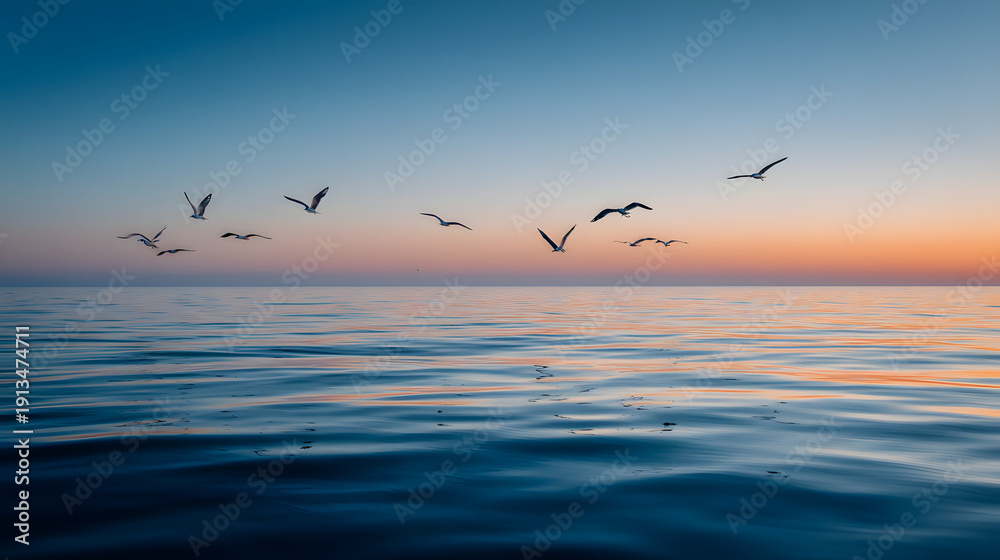 Fototapeta premium Seagulls flying over calm sea at sunset