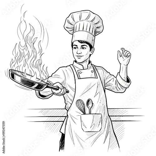 Young chef cooking with pan on fire, culinary skill illustration