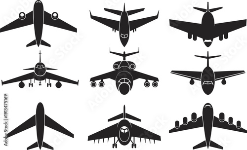 Airplane Silhouette Collection Vector Set Featuring Commercial Passenger Jets in Top and Front View Isolated on White Background for Aviation Design