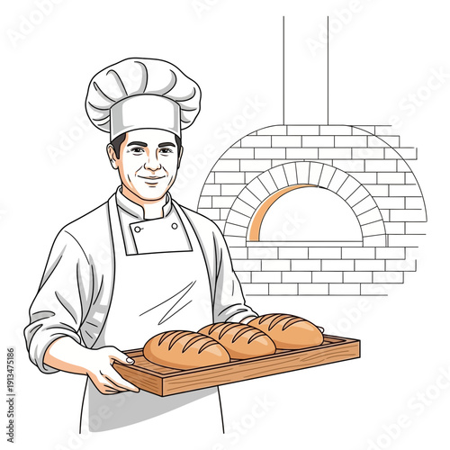Baker holding fresh bread loaves in front of brick oven