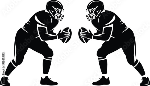 American Football Players Facing Each Other Silhouette Vector Illustration Showing Two Athletes in Ready Position Isolated on White Background for Sports Competition Concept