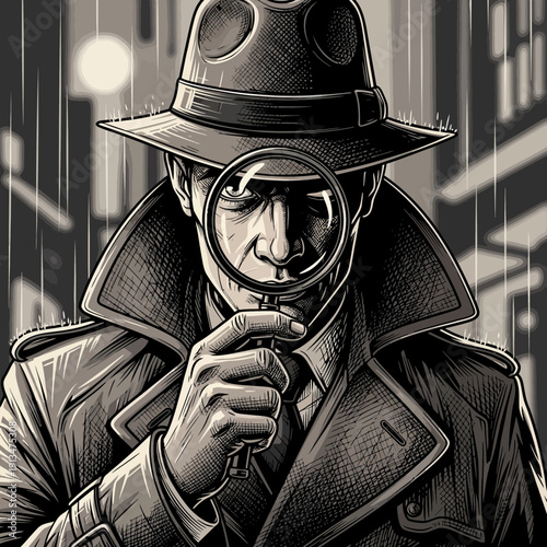 Detective with magnifying glass in noir style, searching for clues