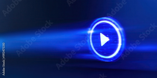 Glowing blue play button icon with motion blur effect on dark background, symbolizing digital media and technology