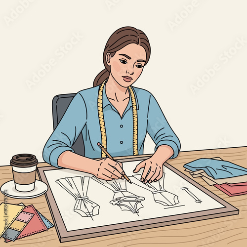 Fashion designer sketching dress designs at her desk with coffee and fabric samples