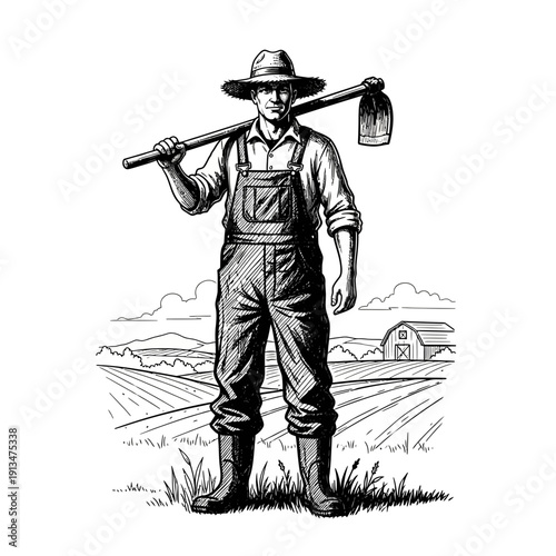 Farmer with hoe on shoulder in field, illustration