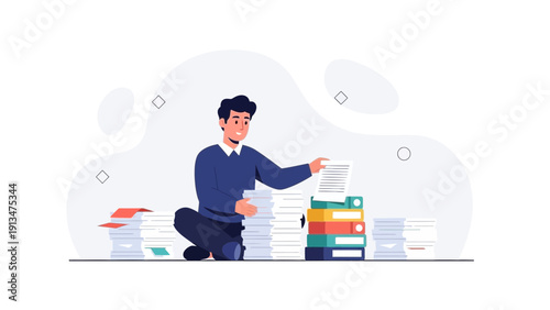Man Sitting Amongst Piles of Paperwork, Organizing Documents and Files