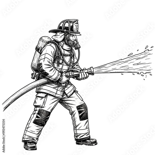 Firefighter spraying water from hose, black and white illustration