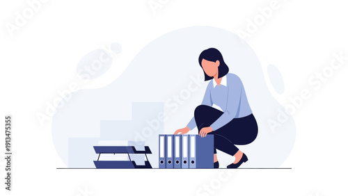 Woman Organizing Binders and Files in Office