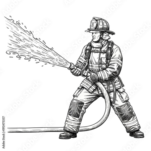 Firefighter spraying water from hose, black and white illustration