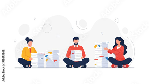 Teamwork organizing piles of documents, paperwork, and files