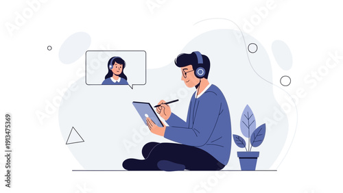 Young man drawing on tablet with headphones, video call with woman