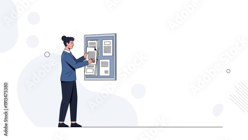 Woman Posting Documents on Bulletin Board - Office Communication and Information Sharing