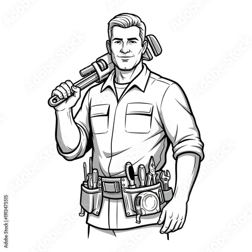 Plumber with wrench and tool belt on white background, illustration