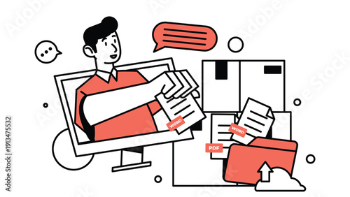 Man sorting documents into folders on computer screen. Online archive, data security, business workflow concept. Flat cartoon vector illustration isolated.