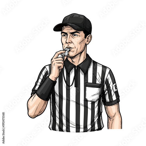 Sports referee blowing whistle, wearing striped uniform and cap