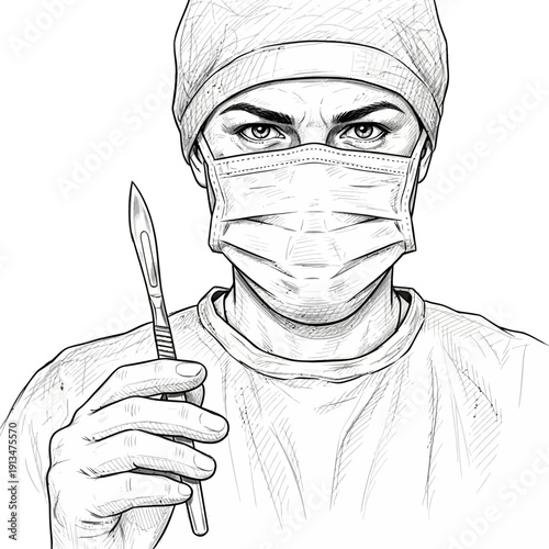 Surgeon with Scalpel and Mask, Serious Expression, Medical Illustration