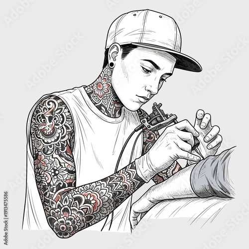 Tattoo artist working on client's hand with intricate floral designs