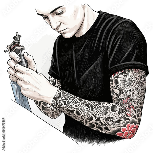 Tattoo artist working on sleeve tattoo with dragon and skull designs