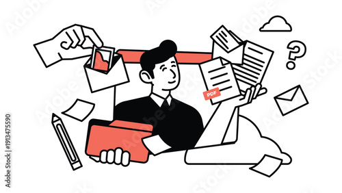Man sorting documents into folders on computer screen. Online archive, data security, business workflow concept. Flat cartoon vector illustration isolated.