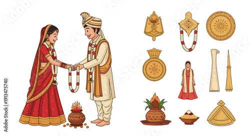 Indian wedding couple vector performing varmala ceremony. Bride and groom exchanging flower garland near holy fire with ritual objects for hindu marriage invitation.