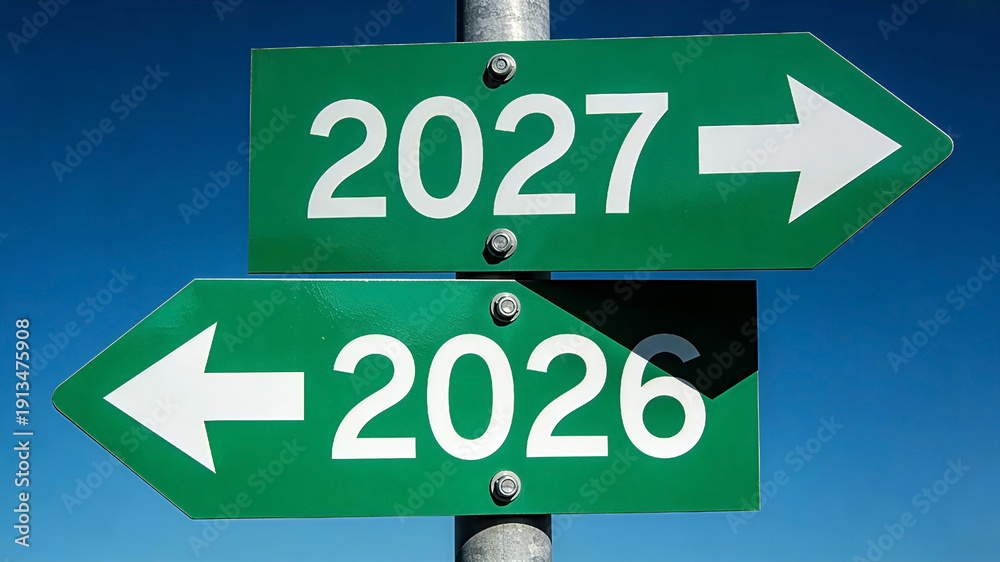 Fototapeta premium Green highway road signs mounted on a metal pole against a clear blue sky, the top arrow pointing right says 2027, the bottom arrow pointing left says 2026. Happy New Year, New Year