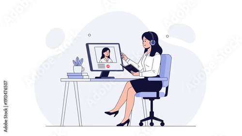 Woman in headset video conferencing from home office, online meeting, remote work