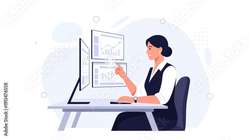 Businesswoman analyzing stock market charts on multiple computer screens