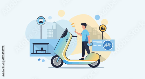 Modern urban commuting with a person using a smartphone on an electric scooter